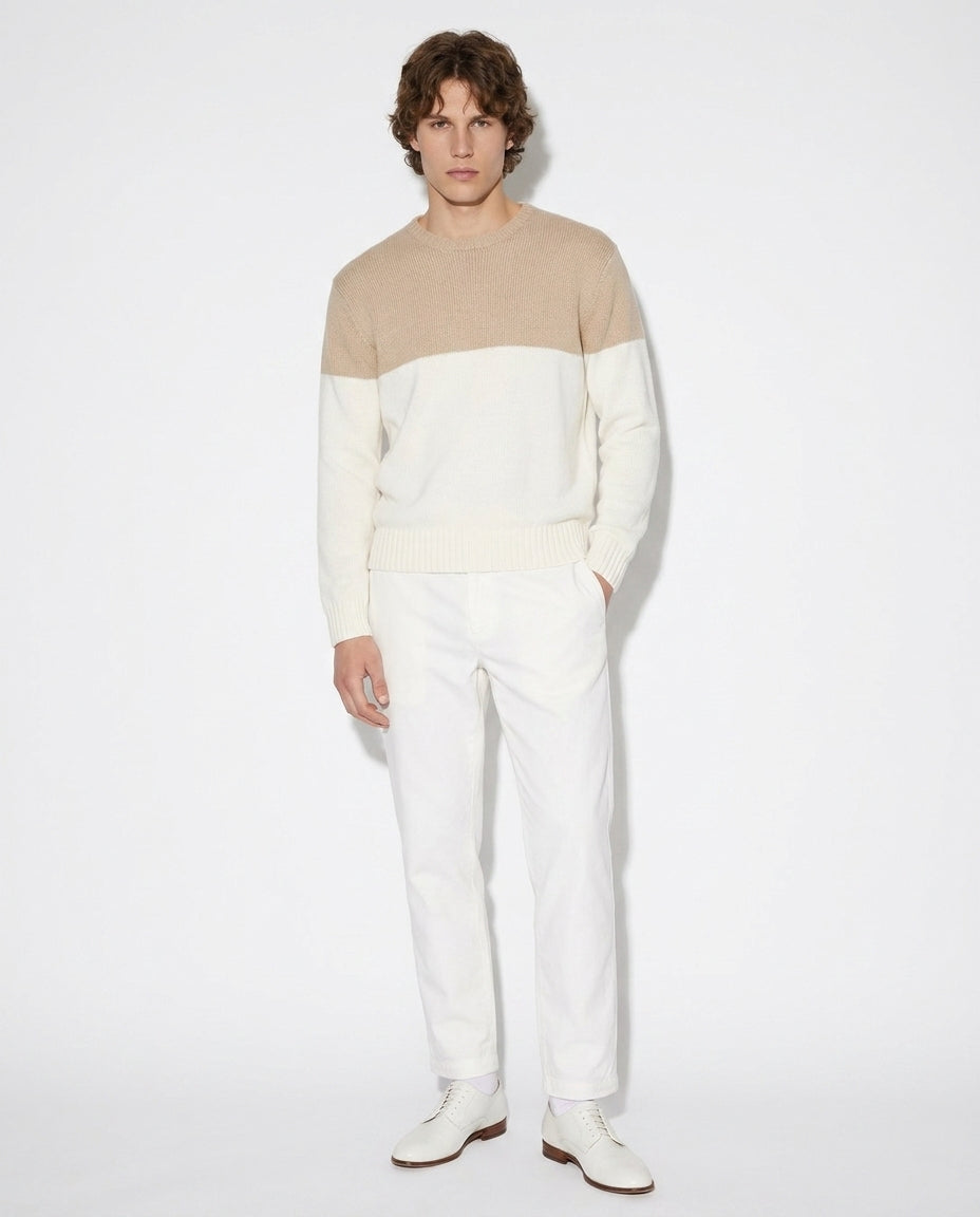 White & Beige relaxed fit color blocked sweater