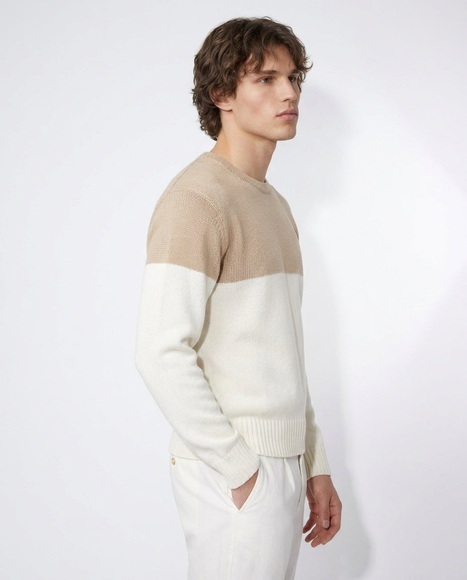 White & Beige relaxed fit color blocked sweater